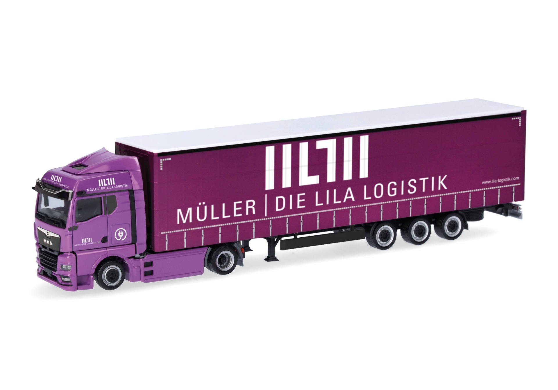 MAN eTGX GM volume curtain canvas semitrailer truck "Müller - Die lila Logistik"