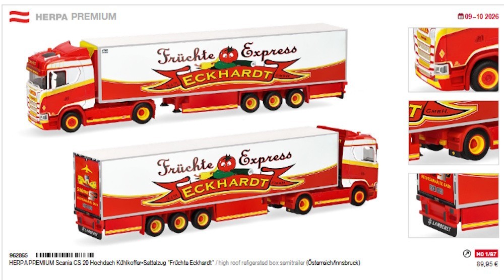 Herpa Premium: Scania CS 20 high roof refrigerates box semitrailer "Früchte Eckhardt", Austria