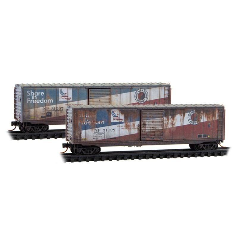 N MICRO-TRAINS 50' SINGLE DOOR BOX CAR W/O ROOFWALK BN EX-NP "SHARE IN FREEDOM" WEATHERED 2-PACK #31007, #31128 ITEM# 983105109