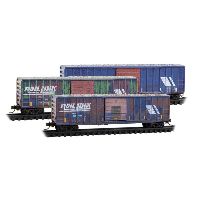 N MICRO-TRAINS 50' SINGLE DOOR RIB SIDE BOX CAR W/O ROOFWALK MONTANA RAIL LINK WEATHERED 3-PACK #100980, #100982, #100989 ITEM# 983105108