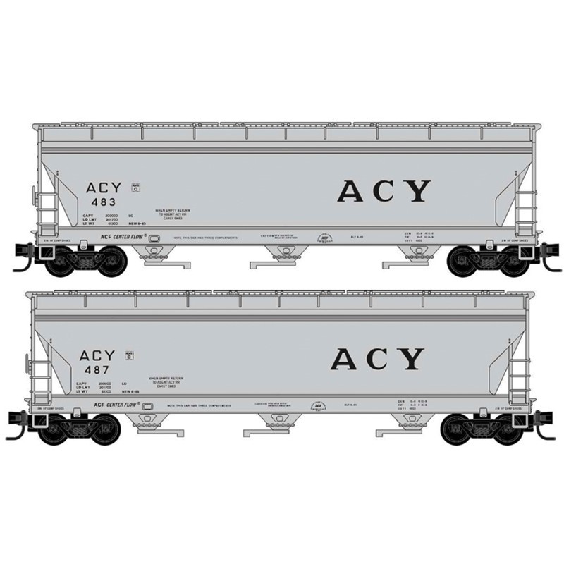 N MICRO-TRAINS 3-BAY ACF CENTER FLOW COVERED HOPPER W/ELONGATED HATCHES AKRON CANTON & YOUNGSTOWN 2-PACK #483, #487 ITEM# 983102301